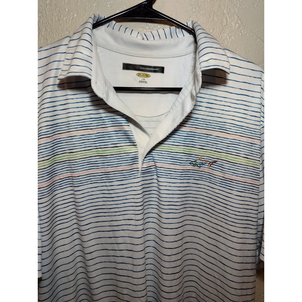 Greg Norman Polo Shirt Mens L White Performance Lightweight Striped Golf Shark